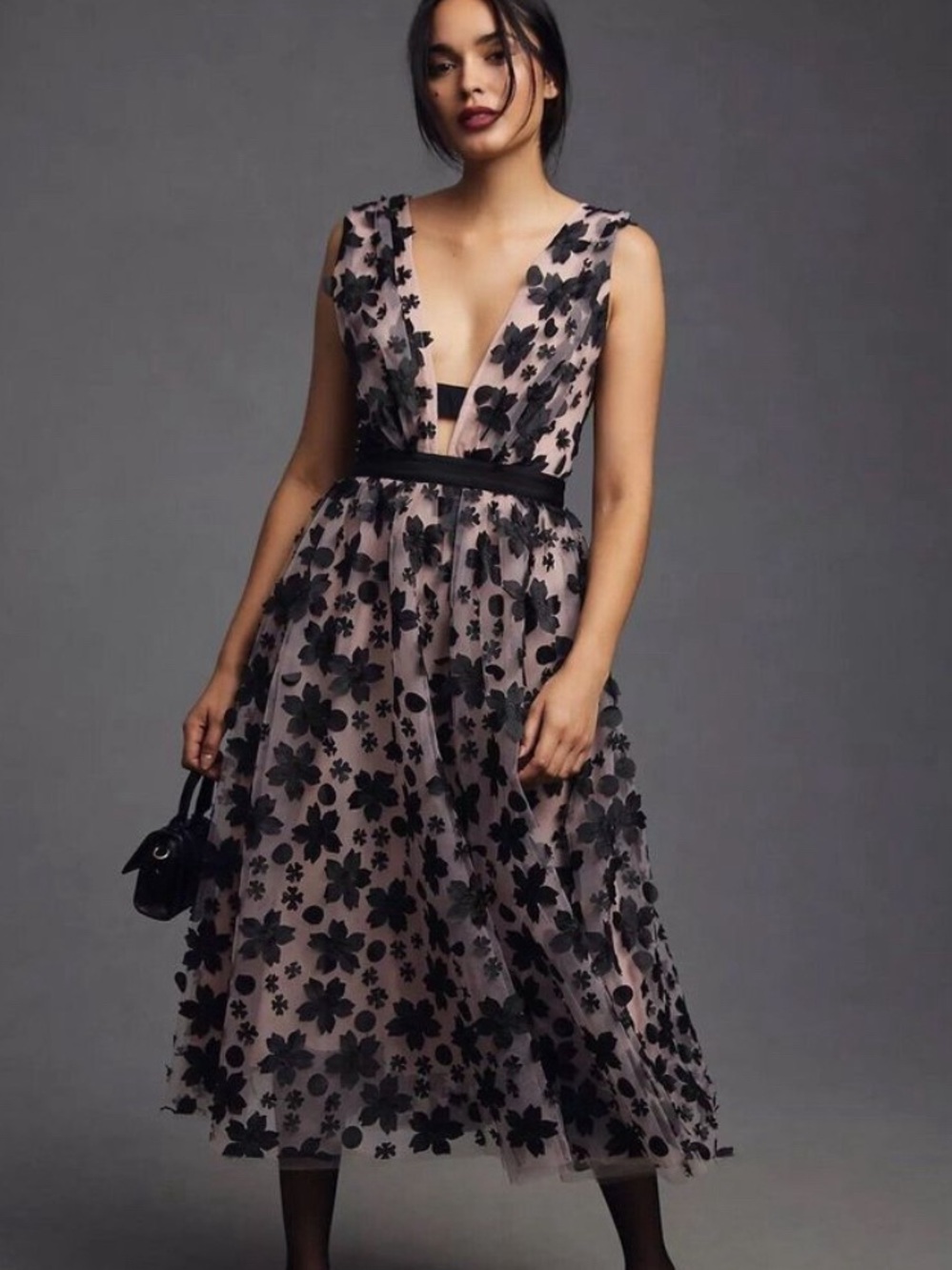 Anthropologie 3D Black Floral Printed Tulle Dress Size: 4